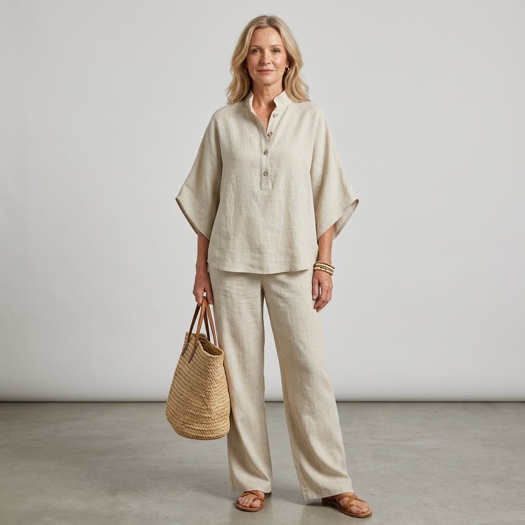 Effortless Linen Wide Leg Set for Women with V Neck Batwing Sleeve Button Front Relaxed Two Piece Style