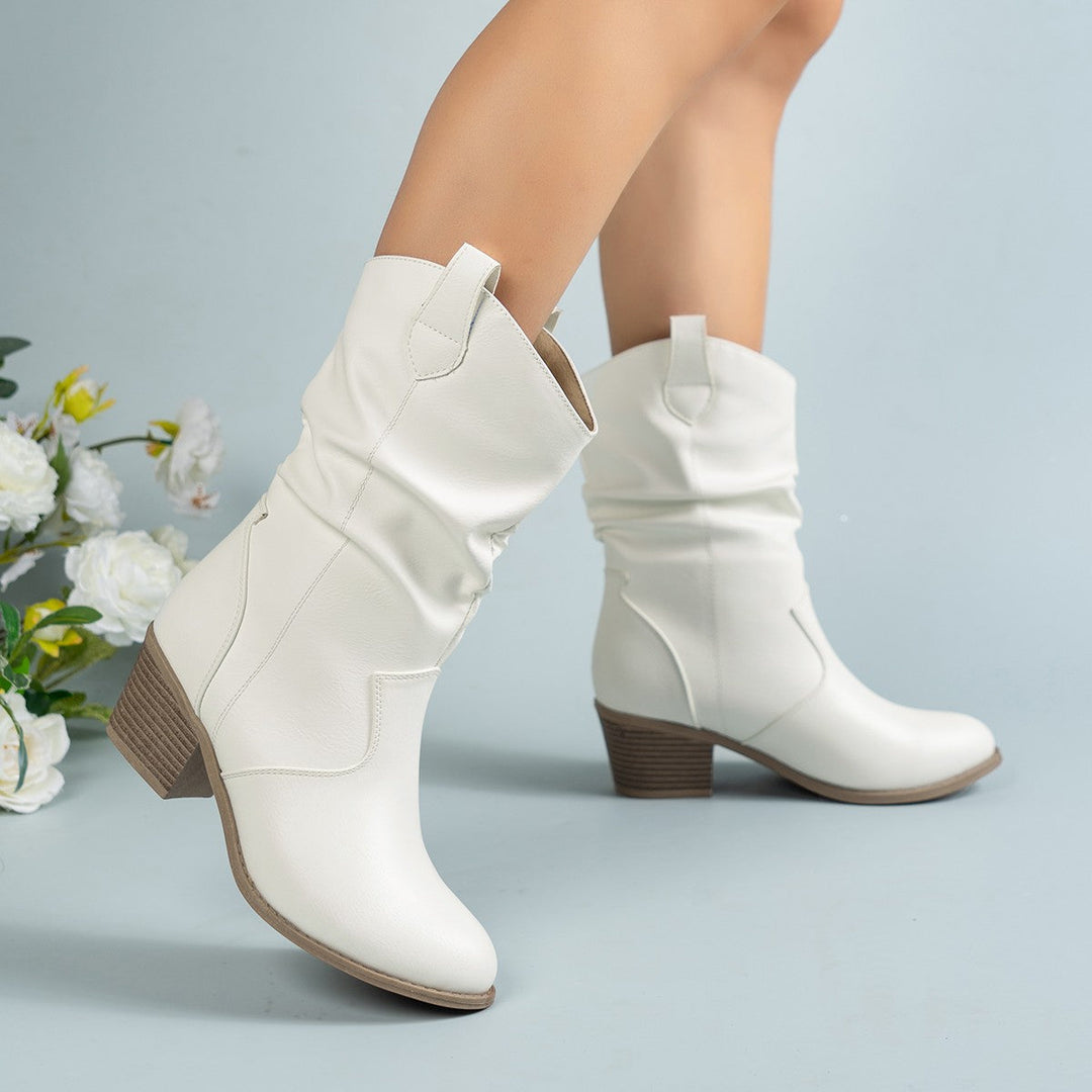 Chic White Slouch Boots for Women with Almond Toe Block Heel Mid Calf Cowboy Style