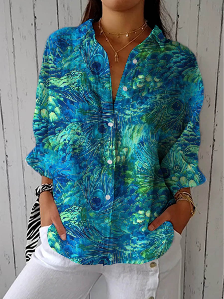 Effortless Multicolor Peacock Feather Print Blouse for Women with V Neck Long Sleeve Button Front Relaxed Casual Style