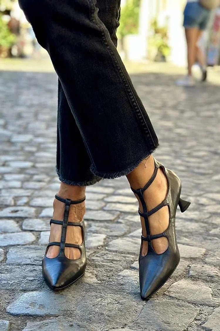 Elegant Black Leather T-Strap Pumps for Women with Pointed Toe Cutout Kitten Heel Style