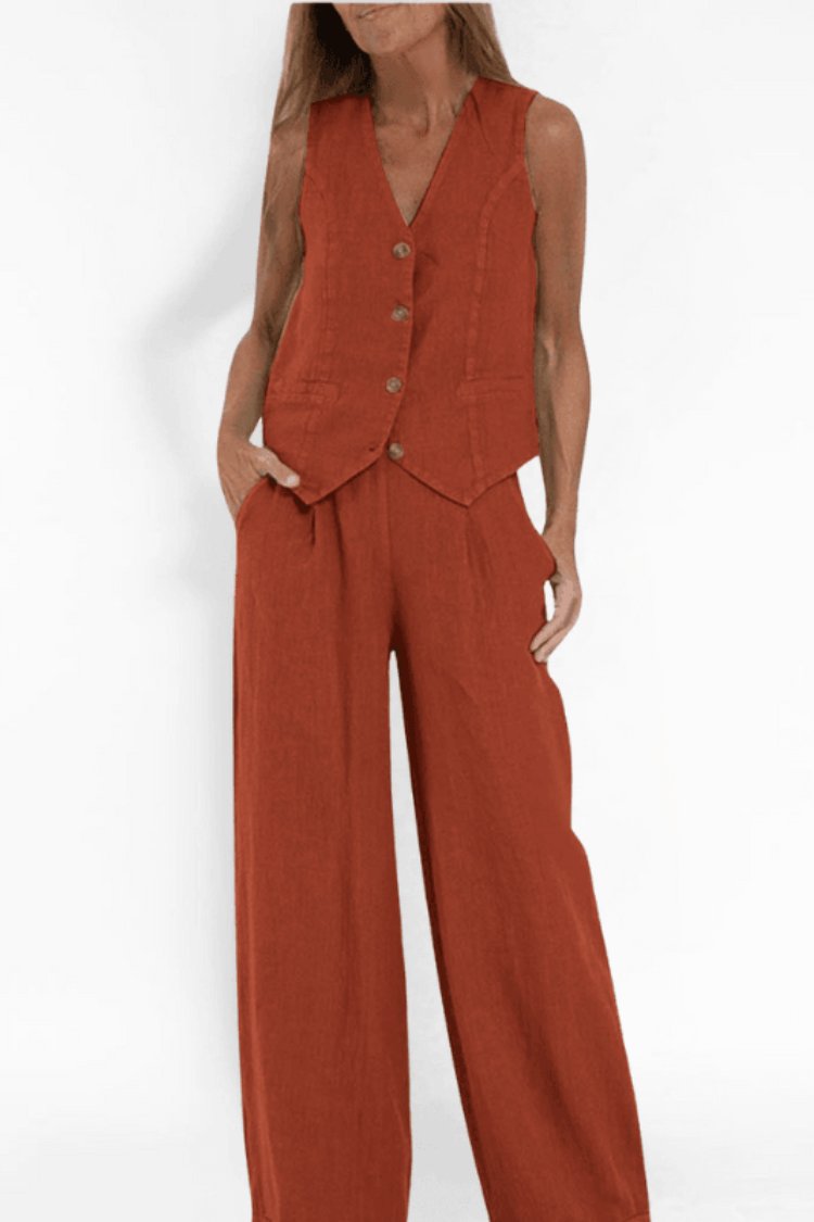 Effortless Linen Wide Leg Set for Women with V Neck Sleeveless Button Front Two Piece Style
