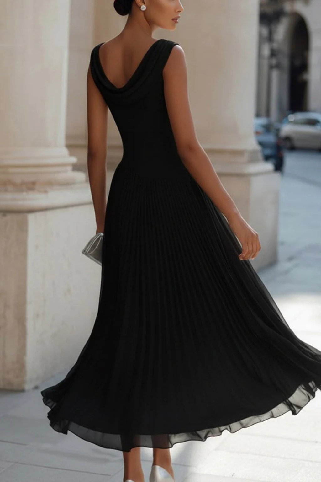 Elegant Draped Midi Dress for Women with Cowl Neck Sleeveless Ruched Waist Flowing Wedding Guest Style