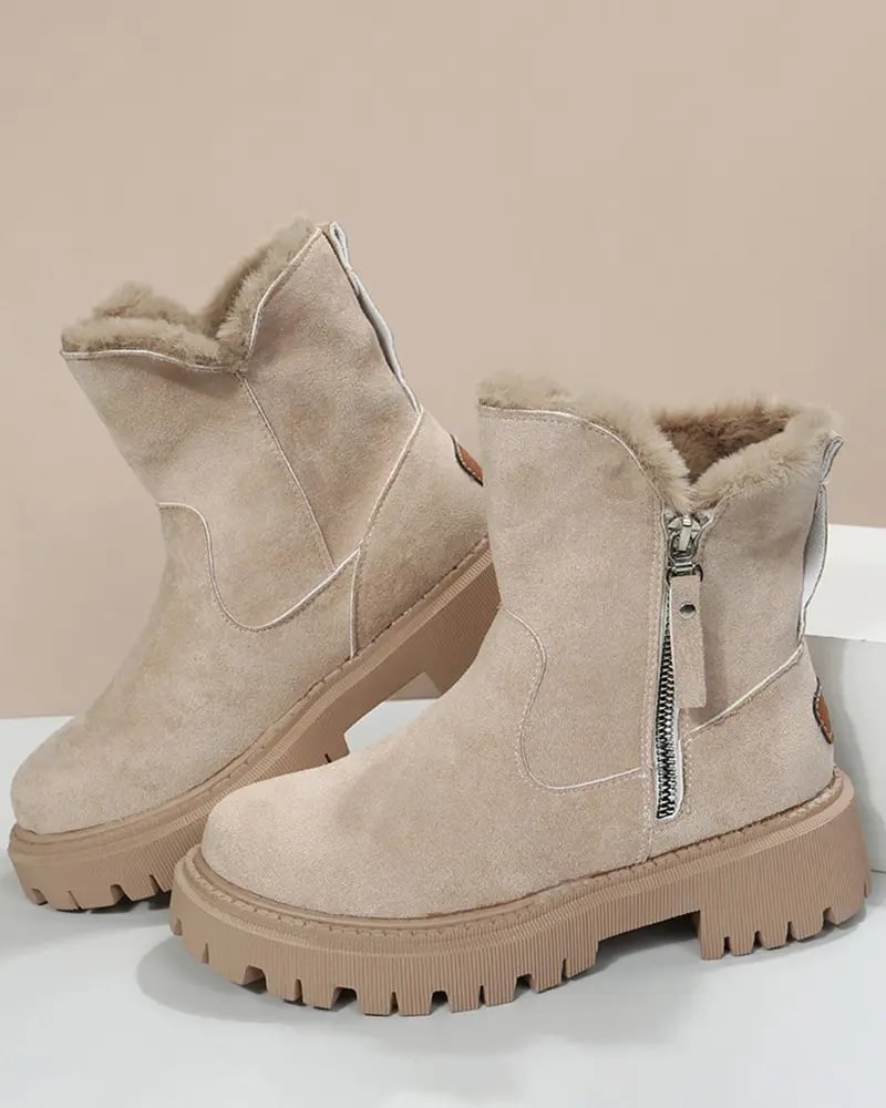 Warm Black Snow Boots for Women with Faux Fur Lining Zip Closure Platform Chunky Sole Snowproof Style