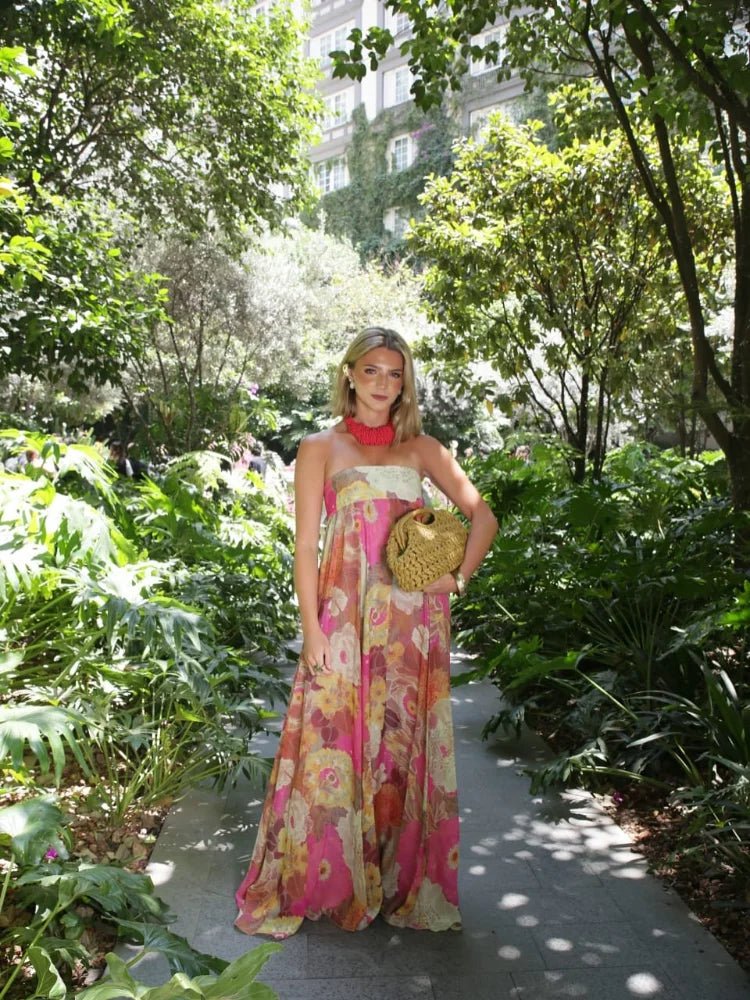 Effortless Multicolor Floral Autumn Wedding Guest Dress for Women with Strapless Sweetheart Tiered Flowing Bohemian Style