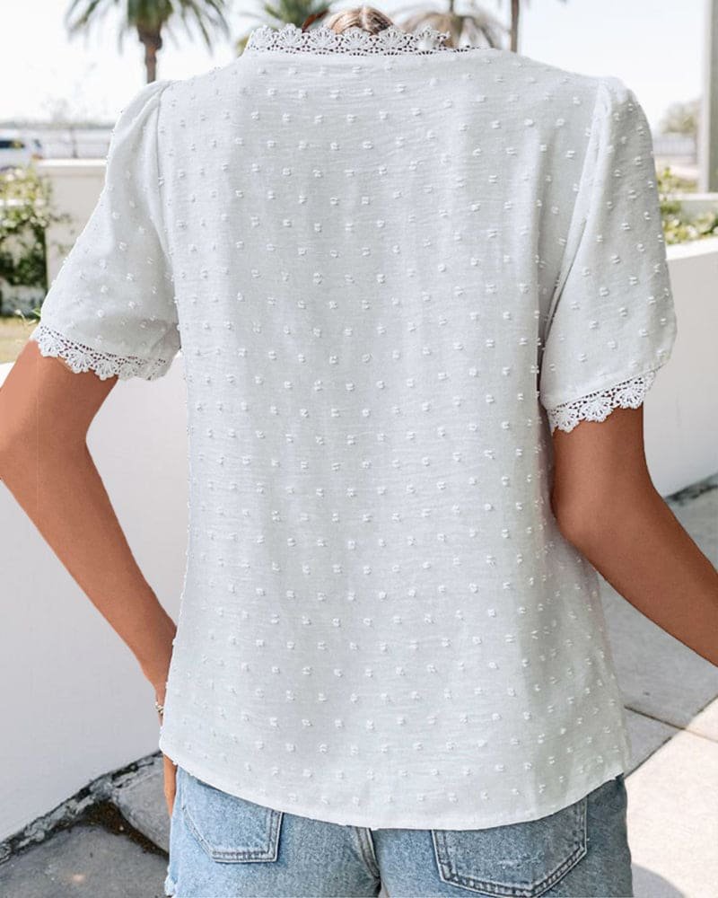 Effortless White Swiss Dot Blouse for Women with V Neck Short Sleeve Lace Trim Bohemian Style