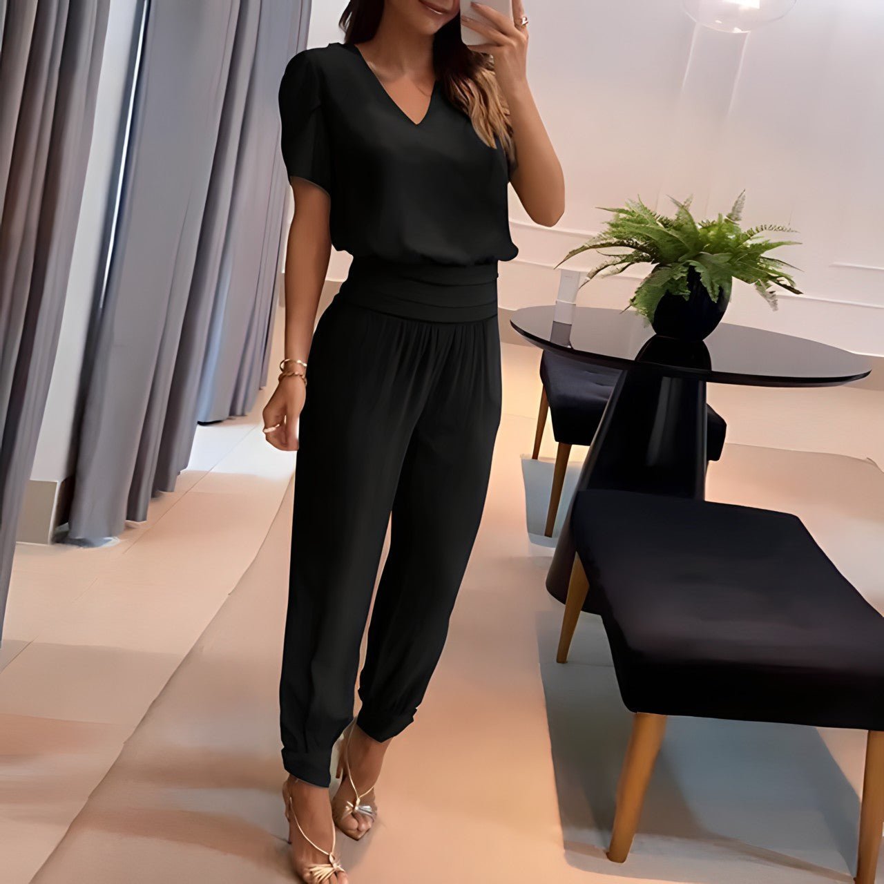 Effortless Printed Wide Leg Set for Women with V Neck Short Sleeve Elastic Waist Two Piece Style