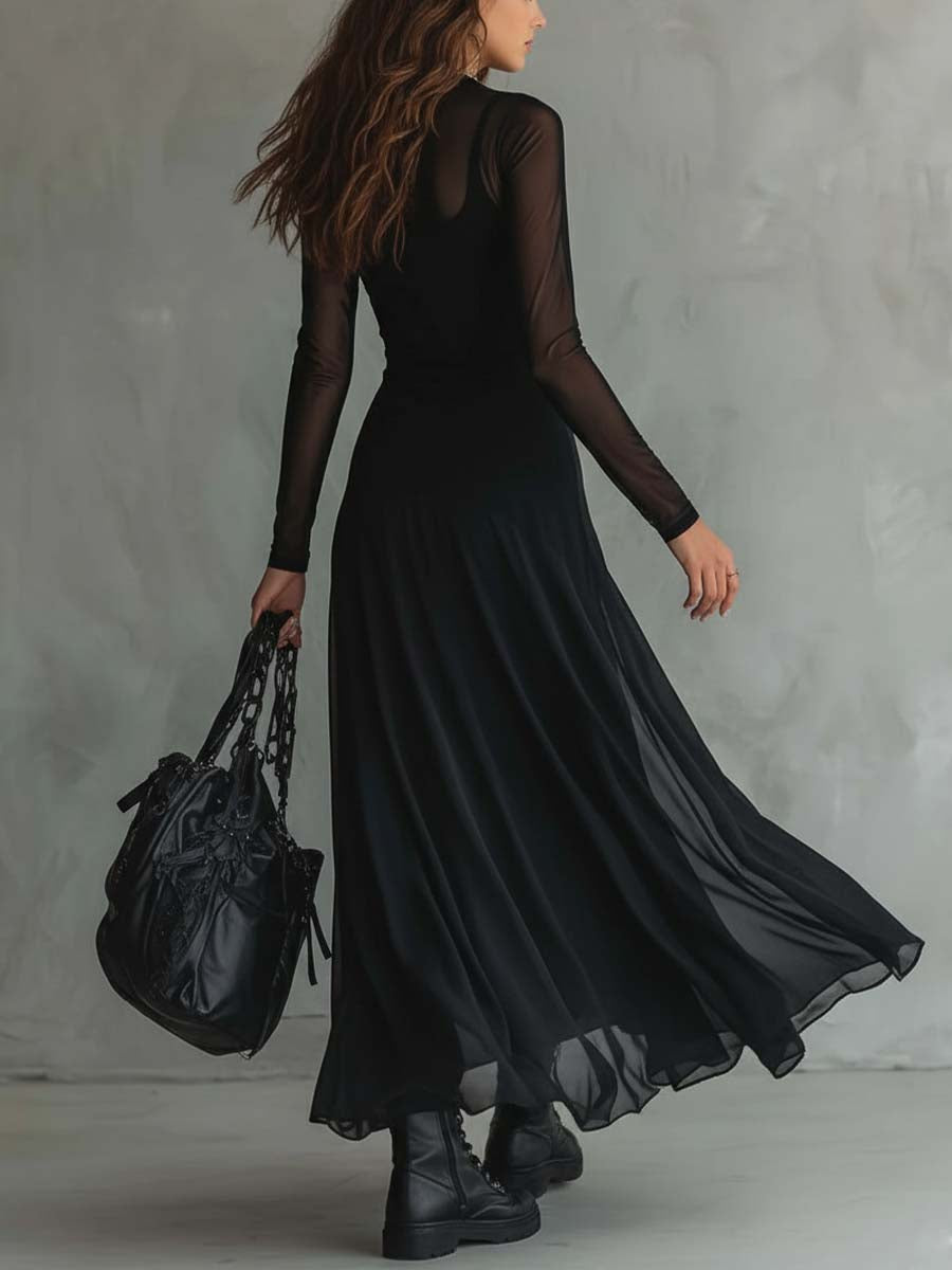 Elegant Black Mesh Maxi Dress for Women with Illusion Neck Long Sleeve Flowing Gothic Style