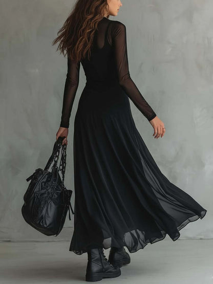 Elegant Black Mesh Maxi Dress for Women with Illusion Neck Long Sleeve Flowing Gothic Style