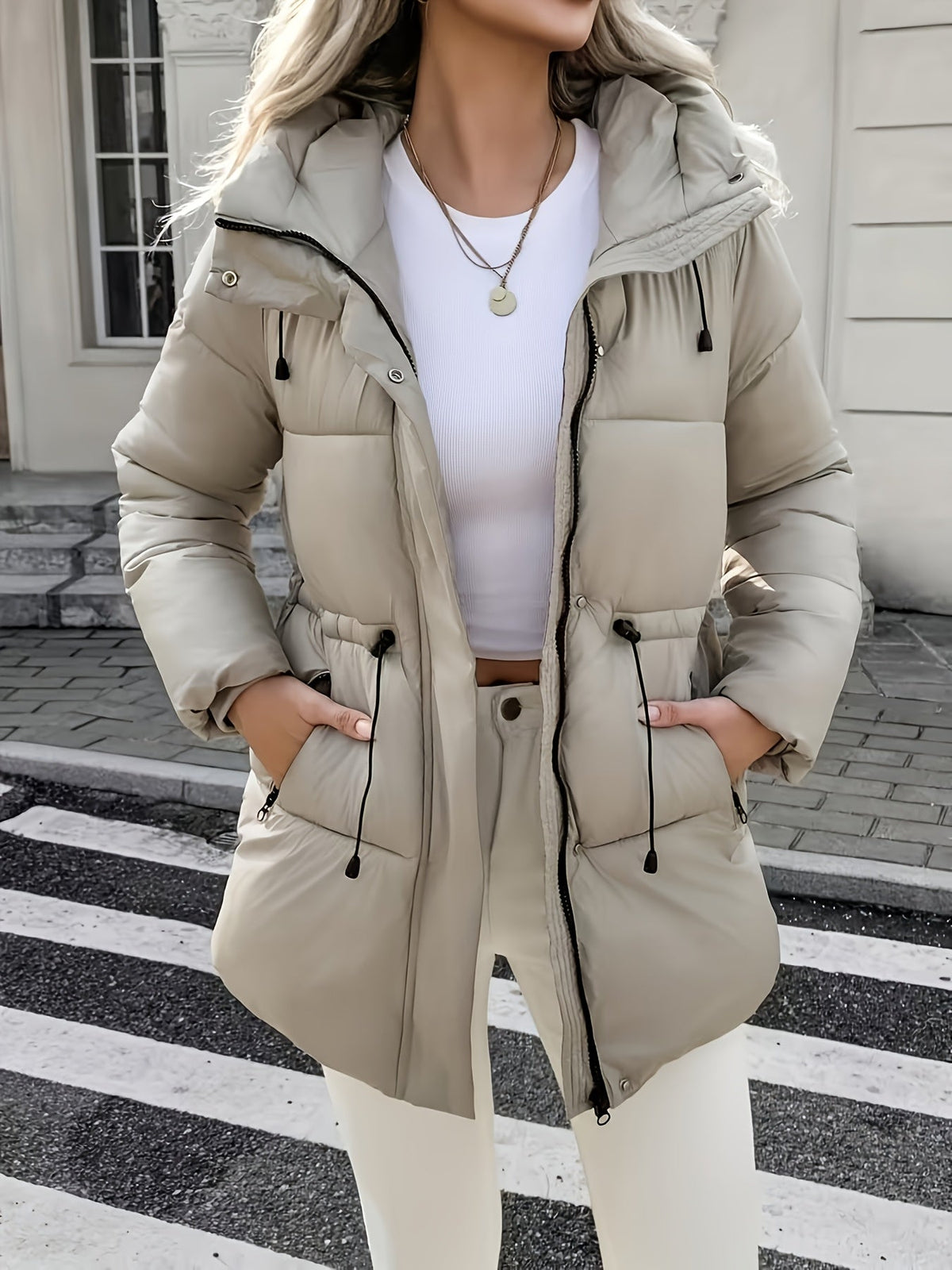 Warm Padded Ski Jacket for Women with Hooded Long Sleeve Elastic Drawstring Zip Pocket Style