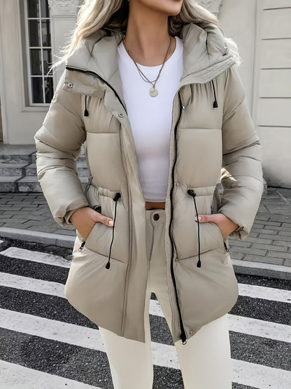Warm Padded Ski Jacket for Women with Hooded Long Sleeve Elastic Drawstring Zip Pocket Style
