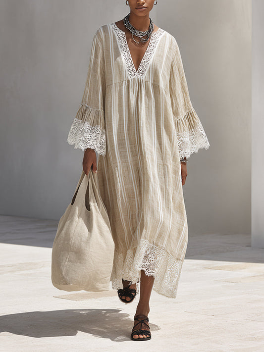 Elegant Beige Striped Linen Maxi Dress for Women with V Neck Bell Sleeve Lace Trim Flowing Bohemian Style