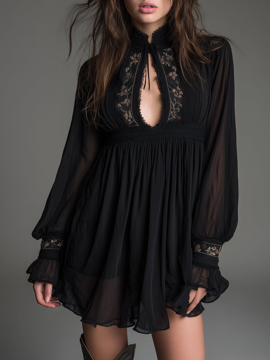 Elegant Black Embroidered Mini Dress for Women with High Neck Bishop Sleeve Keyhole Bohemian Style