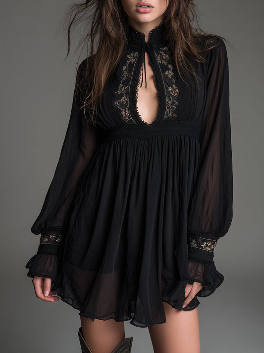 Elegant Black Embroidered Mini Dress for Women with High Neck Bishop Sleeve Keyhole Bohemian Style