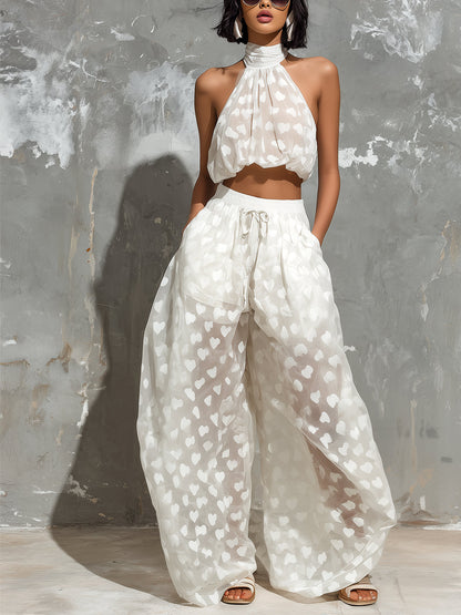 Effortless White Heart Print Wide Leg Set for Women with Halter Neck Cropped Drawstring Flowing Style