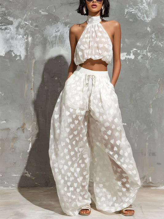 Effortless White Heart Print Wide Leg Set for Women with Halter Neck Cropped Drawstring Flowing Style