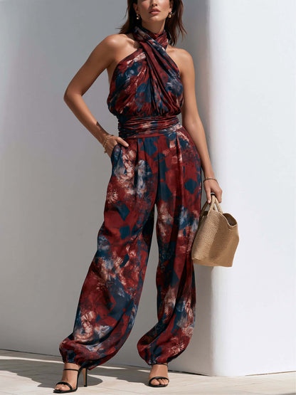 Effortless Tie Dye Jumpsuit for Women with Halter Neck Sleeveless Wide Leg Bohemian Style