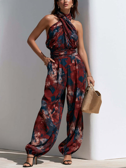 Effortless Tie Dye Jumpsuit for Women with Halter Neck Sleeveless Wide Leg Bohemian Style