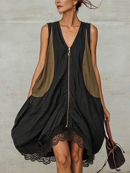 Elegant Black Midi Dress for Women with V Neck Sleeveless Zip Front Lace Trim Bohemian Style