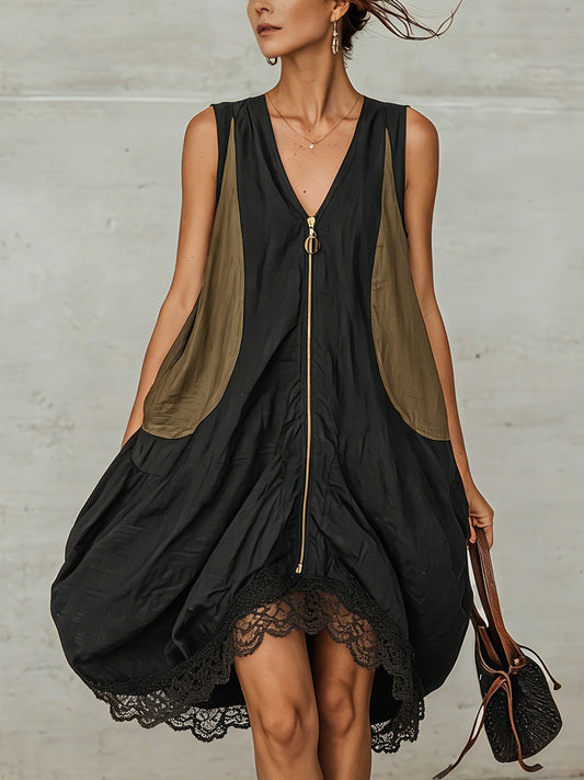 Elegant Black Midi Dress for Women with V Neck Sleeveless Zip Front Lace Trim Bohemian Style