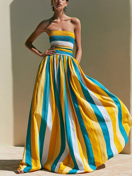 Effortless Yellow Striped Maxi Dress for Women with Strapless Smocked Bodice Pleated Full Skirt Flowing Style