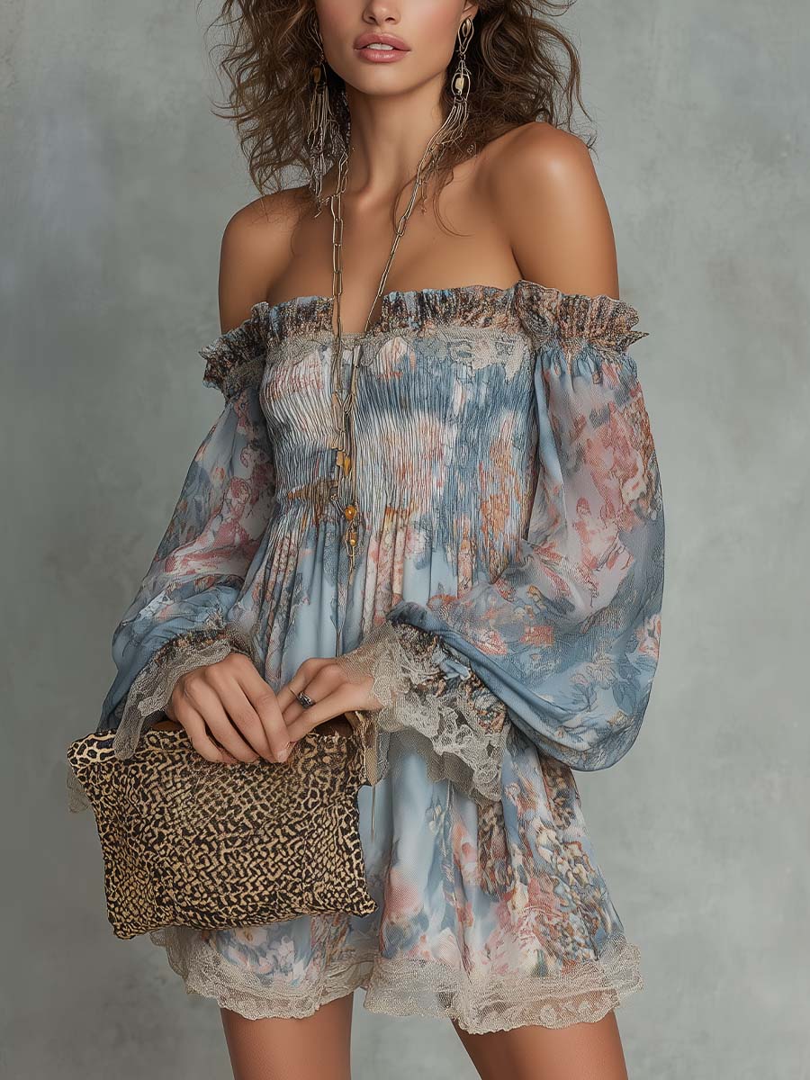Elegant Blue Floral Mini Dress for Women with Off Shoulder Balloon Sleeve Smocked Bohemian Style