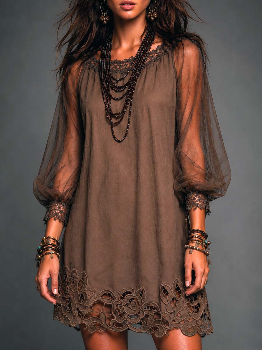Elegant Brown Lace Mini Dress for Women with Round Neck Sheer Bishop Sleeve Scalloped Hem Boho Style