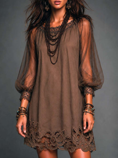 Elegant Brown Lace Mini Dress for Women with Round Neck Sheer Bishop Sleeve Scalloped Hem Boho Style
