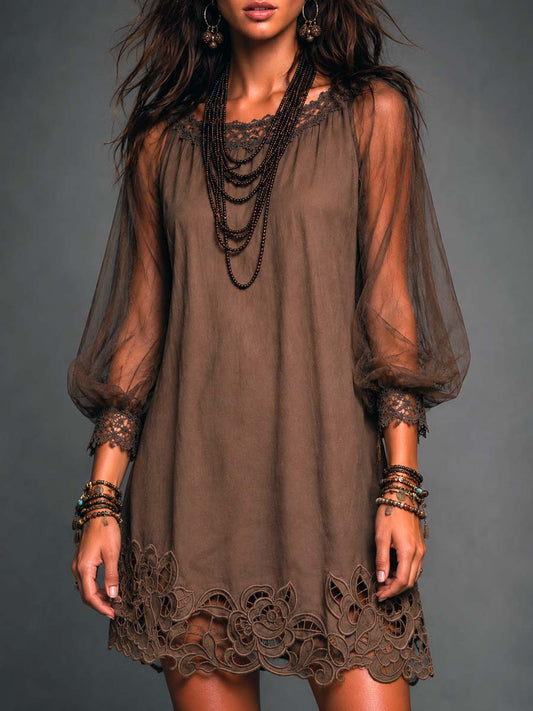 Elegant Brown Lace Mini Dress for Women with Round Neck Sheer Bishop Sleeve Scalloped Hem Boho Style