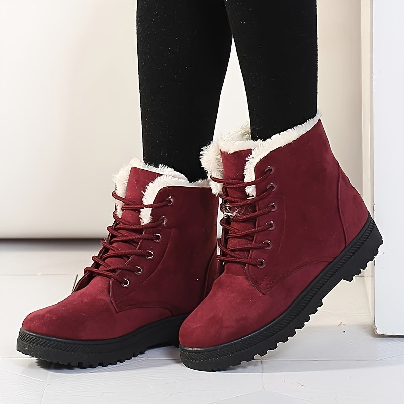 Warm Lace Up Snow Boots for Women with Fleece Cuff Almond Toe Chunky Sole Winter Snowproof Style