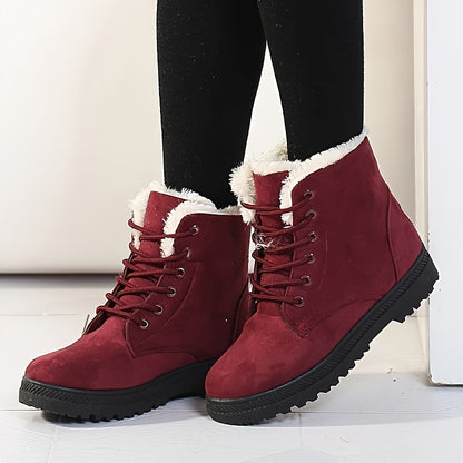 Warm Lace Up Snow Boots for Women with Fleece Cuff Almond Toe Chunky Sole Winter Snowproof Style