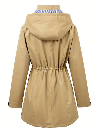 Stylish Hooded Rainwear Jacket for Women with Drawstring Waist Zip Front Long Windbreaker All Weather Style