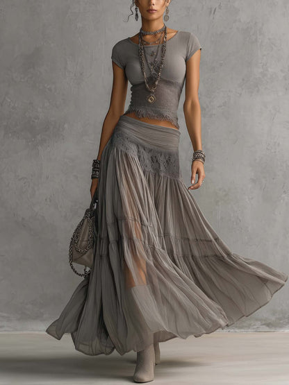 Effortless Grey Two Piece Set for Women with Round Neck Cap Sleeve Lace Trim Tiered Maxi Boho Style