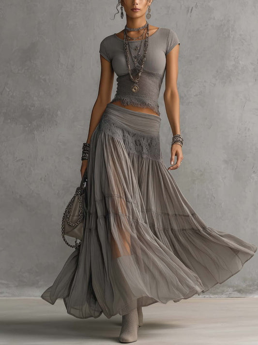Effortless Grey Two Piece Set for Women with Round Neck Cap Sleeve Lace Trim Tiered Maxi Boho Style