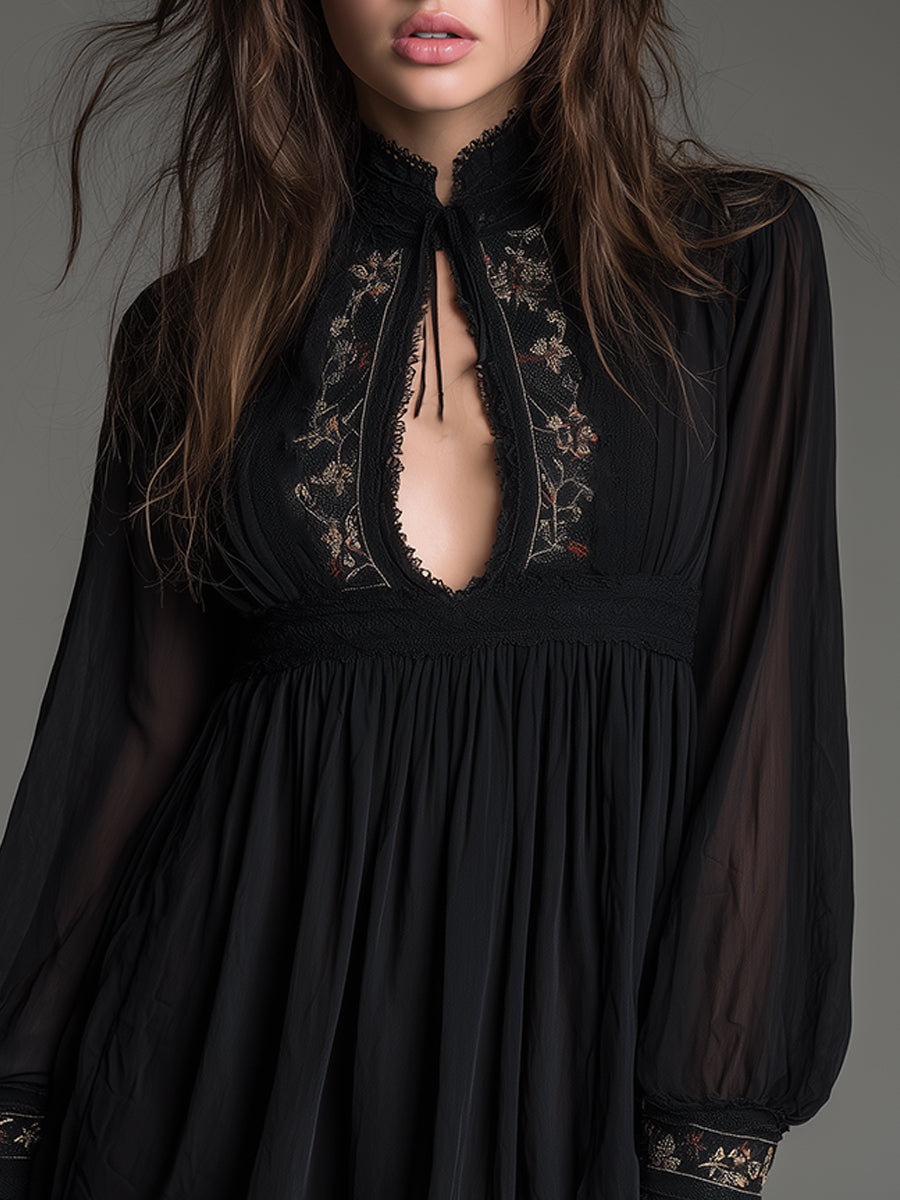 Elegant Black Embroidered Mini Dress for Women with High Neck Bishop Sleeve Keyhole Bohemian Style