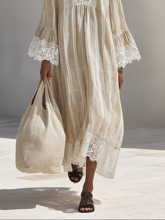 Elegant Beige Striped Linen Maxi Dress for Women with V Neck Bell Sleeve Lace Trim Flowing Bohemian Style