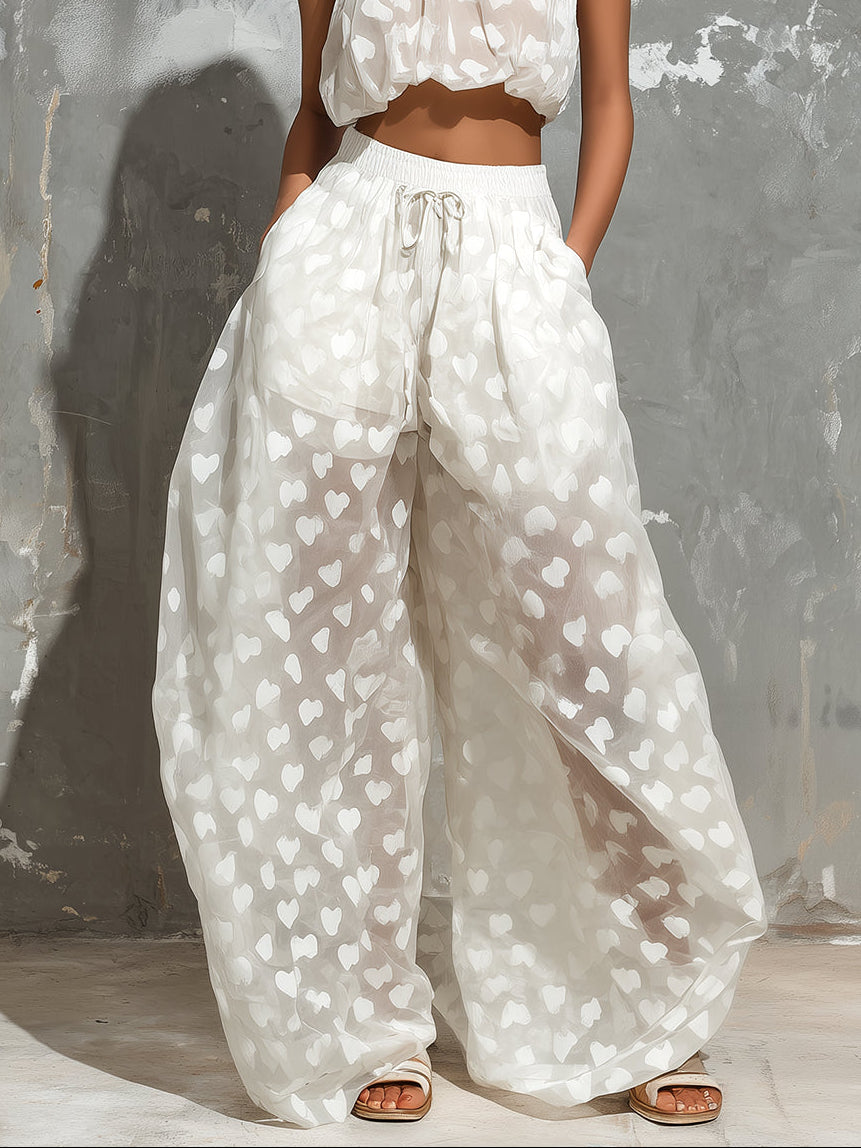 Effortless White Heart Print Wide Leg Set for Women with Halter Neck Cropped Drawstring Flowing Style
