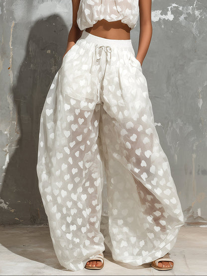 Effortless White Heart Print Wide Leg Set for Women with Halter Neck Cropped Drawstring Flowing Style
