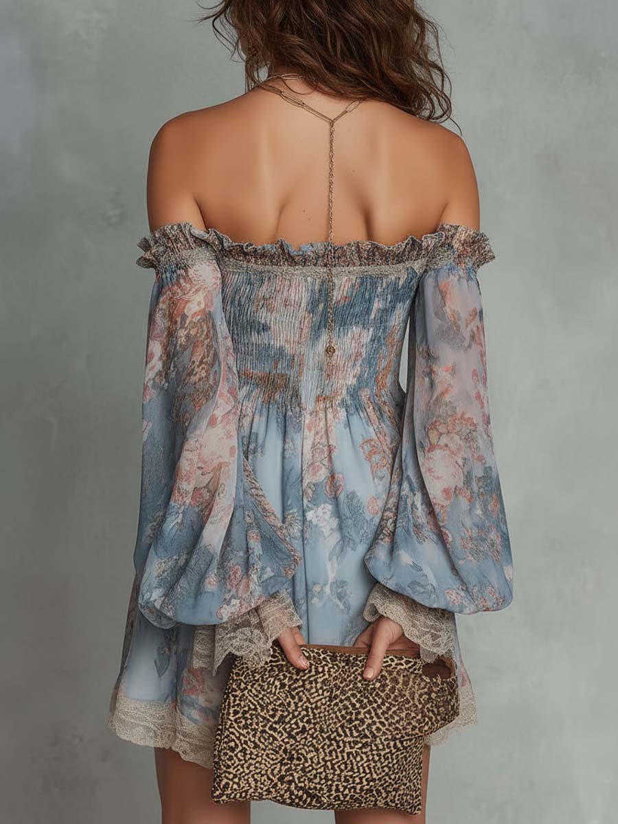 Elegant Blue Floral Mini Dress for Women with Off Shoulder Balloon Sleeve Smocked Bohemian Style
