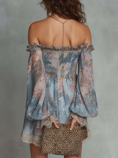 Elegant Blue Floral Mini Dress for Women with Off Shoulder Balloon Sleeve Smocked Bohemian Style