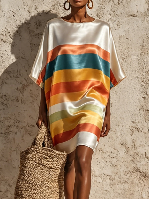 Elegant Rainbow Striped Satin Kaftan Dress for Women with Round Neck Batwing Sleeve Oversized Flowing Style