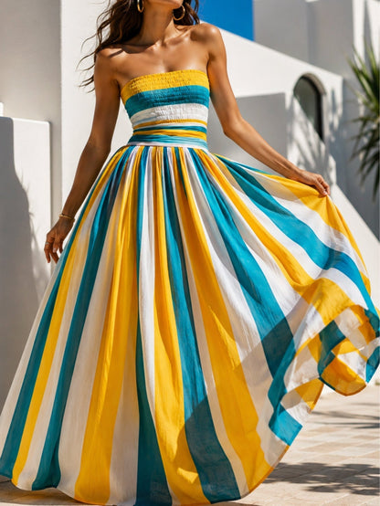 Effortless Yellow Striped Maxi Dress for Women with Strapless Smocked Bodice Pleated Full Skirt Flowing Style