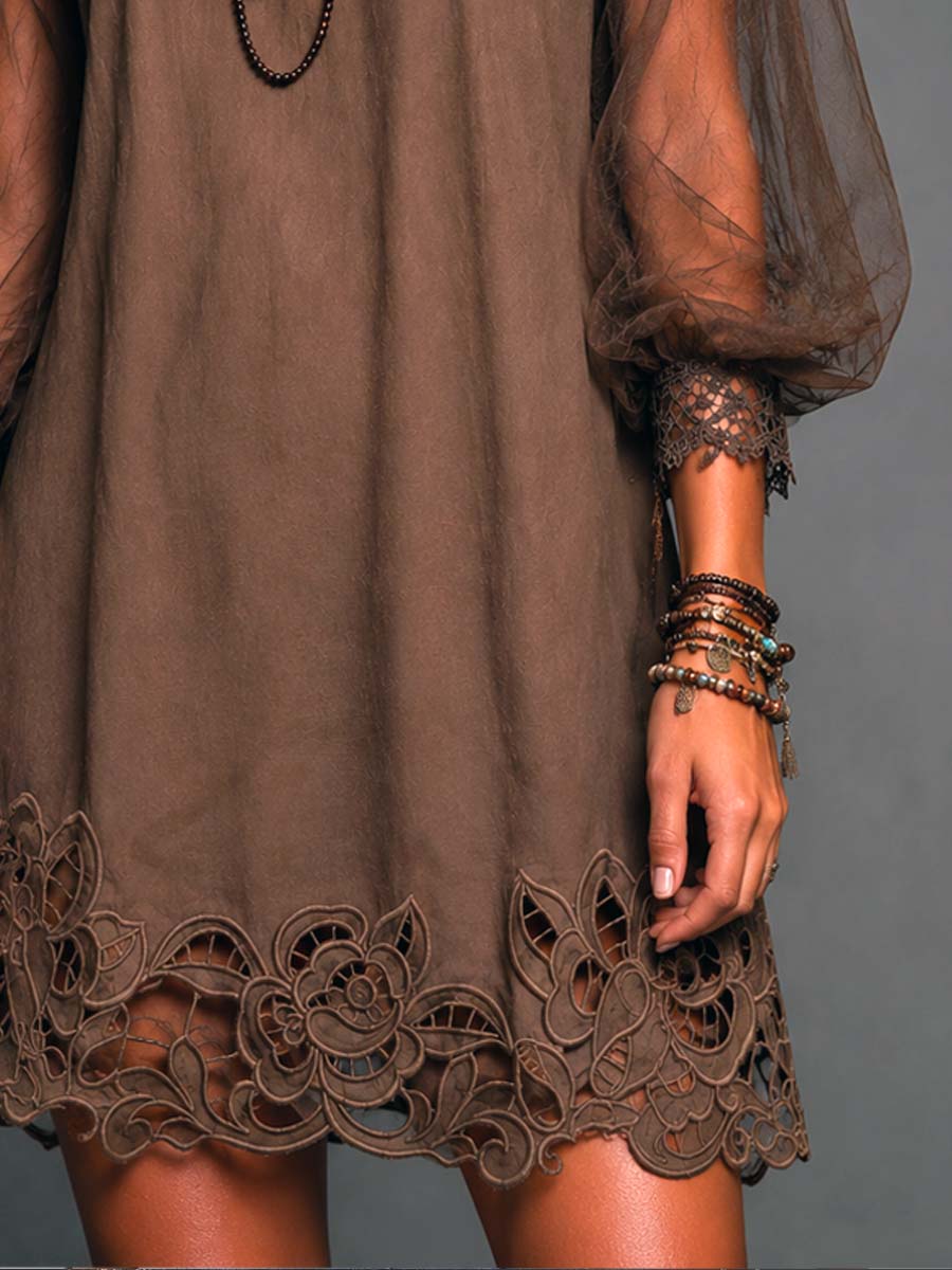 Elegant Brown Lace Mini Dress for Women with Round Neck Sheer Bishop Sleeve Scalloped Hem Boho Style