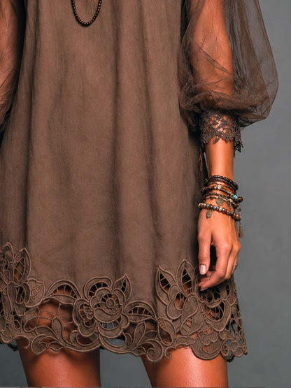 Elegant Brown Lace Mini Dress for Women with Round Neck Sheer Bishop Sleeve Scalloped Hem Boho Style