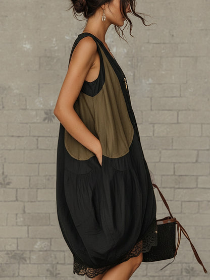 Elegant Black Midi Dress for Women with V Neck Sleeveless Zip Front Lace Trim Bohemian Style