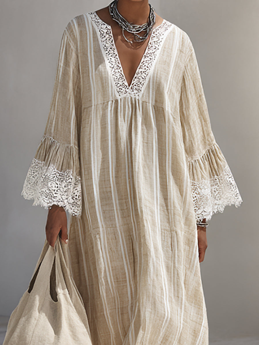 Elegant Beige Striped Linen Maxi Dress for Women with V Neck Bell Sleeve Lace Trim Flowing Bohemian Style
