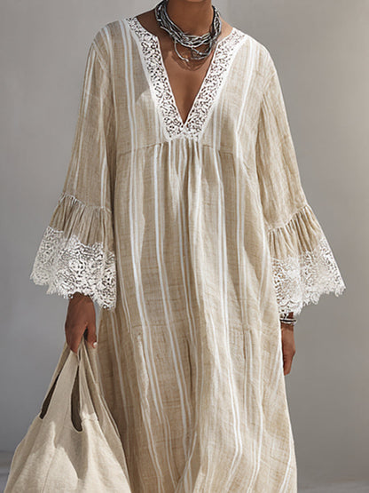 Elegant Beige Striped Linen Maxi Dress for Women with V Neck Bell Sleeve Lace Trim Flowing Bohemian Style