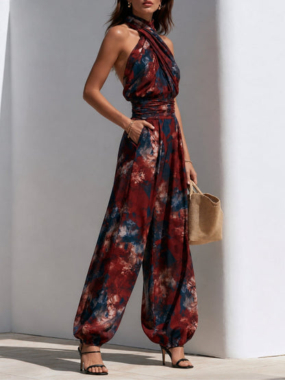 Effortless Tie Dye Jumpsuit for Women with Halter Neck Sleeveless Wide Leg Bohemian Style