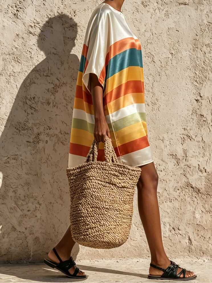 Elegant Rainbow Striped Satin Kaftan Dress for Women with Round Neck Batwing Sleeve Oversized Flowing Style