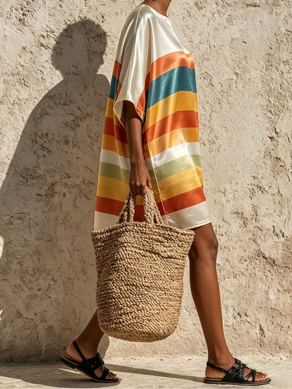 Elegant Rainbow Striped Satin Kaftan Dress for Women with Round Neck Batwing Sleeve Oversized Flowing Style