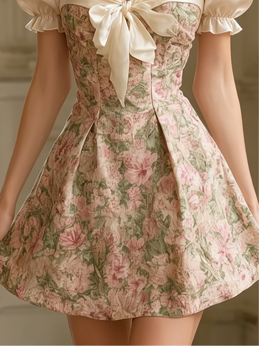 Elegant Pink Floral Jacquard Mini Dress for Women with Sweetheart Neckline Puff Sleeve Bow Front Fit Flare Style
